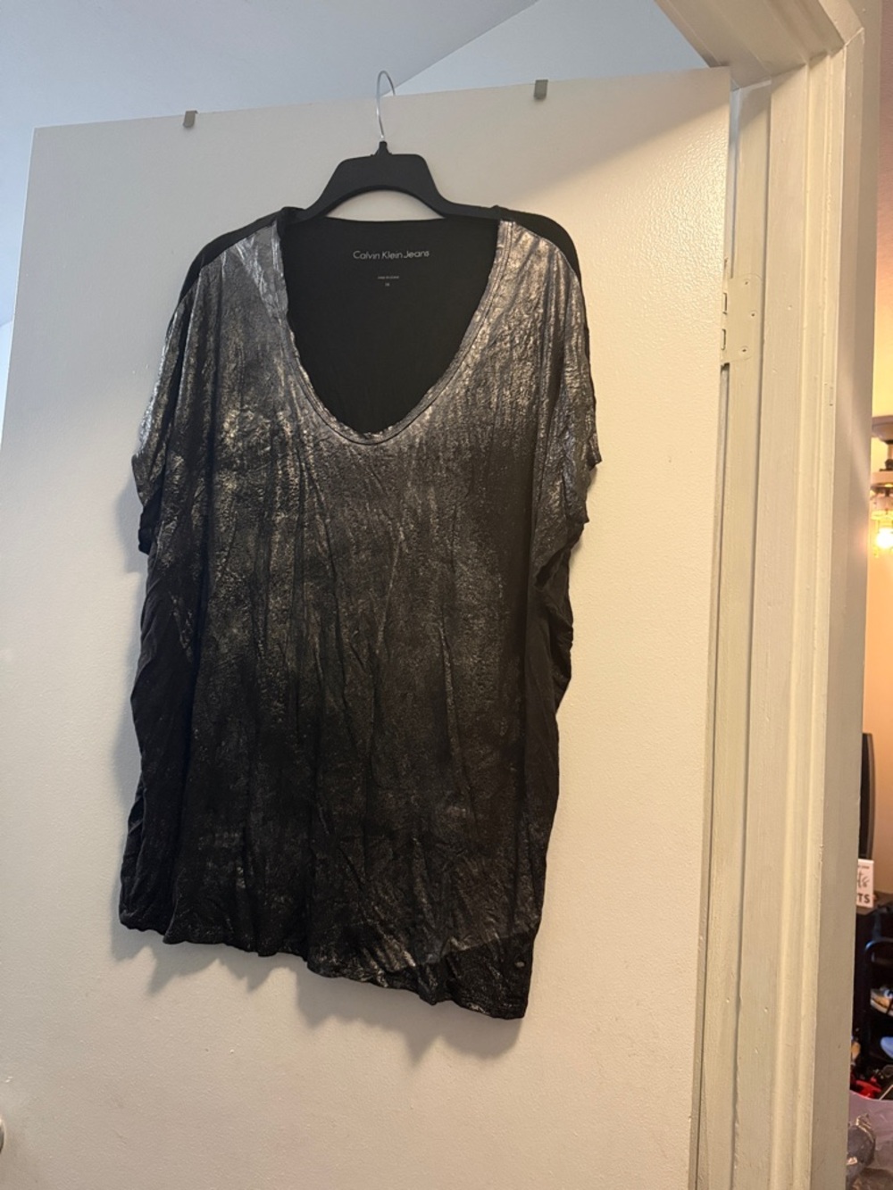 Calvin Klein Jeans Metallic Silver-Black V-Neck Tee
